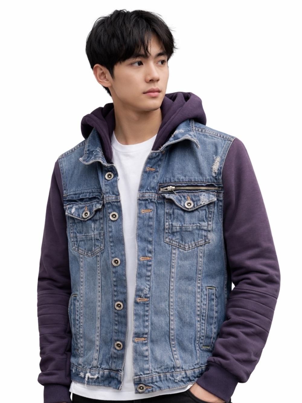 Zara Blue Denim Jacket with Purple Hooded Sleeves - Men's